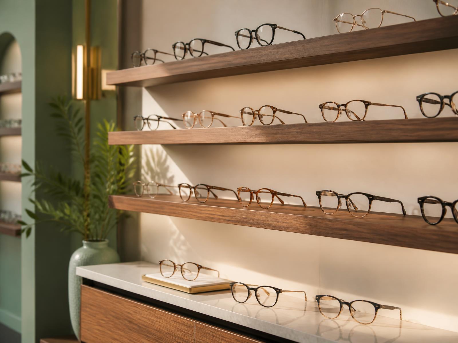 Eyeglass frames displayed on shelving in the MC Eye Center optical